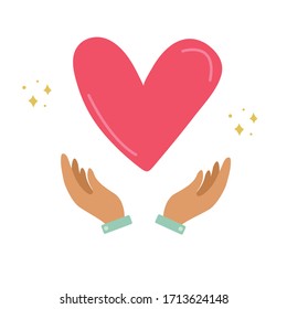 Love and compassion hand drawn vector illustration. Hands holding heart isolated on white background. Valentine day, romantic holiday symbol. Charity work, philanthropy, social aid design 