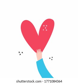 Love and compassion hand drawn vector illustration. Hand holding heart isolated on white background. Valentine day, romantic holiday symbol. Charity work, philanthropy, social aid design element