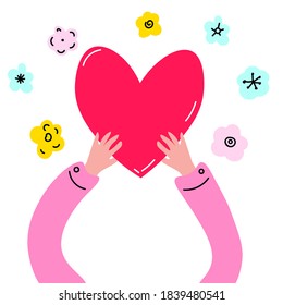 Love and compassion hand drawn vector illustration. Hands holding heart isolated on white background. Valentine day, romantic holiday symbol. Charity work, philanthropy. Vector illustration. 