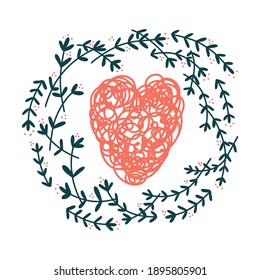 Love and compassion hand drawn vector illustration. Flowers frame with heart isolated on white background. Valentines day vector symbol.