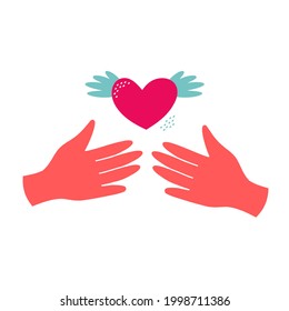 Love and compassion hand drawn vector illustration. Hands holding heart isolated on white background. Valentine day, romantic holiday symbol. Charity work, philanthropy, social aid design element