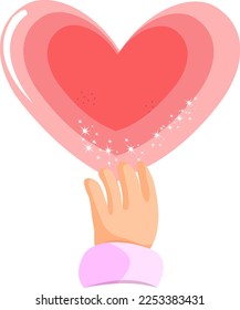 Love and compassion hand drawn vector illustration. Hand holding heart isolated on white background. Valentine day, romantic holiday symbol. Charity work, philanthropy, social aid design element