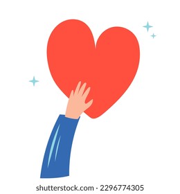 Love and compassion hand drawn vector illustration. Hand holding heart isolated on white background. Valentine day, romantic holiday symbol. Charity work, philanthropy, social aid design element