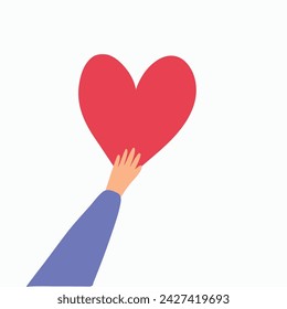 Love and compassion hand drawn vector illustration. Hand holding heart isolated on white background. Valentine day, romantic holiday symbol. Charity work, philanthropy, social aid design element