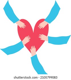 Love and compassion hand-drawn vector illustration. A hand holding a heart highlighted on a white background.  Charitable activities. Many hands of mercy. Support.