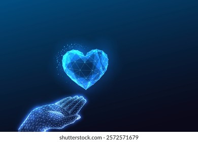 Love, compassion, kindness, concept with glowing hand giving polygonal blue heart on dark background. Valentines day modern digital web banner. Organ donations. Modern abstract vector illustration.