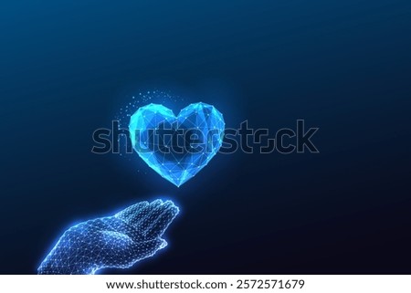 Love, compassion, kindness, concept with glowing hand giving polygonal blue heart on dark background. Valentines day modern digital web banner. Organ donations. Modern abstract vector illustration.