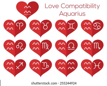 Love compatibility - Aquarius. Astrological signs of the zodiac. Vector set of flat thin line icons in heart.