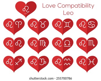 Love compatibility - Leo. Astrological signs of the zodiac. Vector set of flat thin line icons in heart.