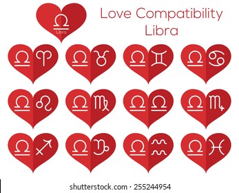 Love compatibility - Libra. Astrological signs of the zodiac. Vector set of flat thin line icons in heart.