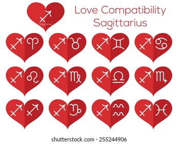 Love compatibility - Sagittarius. Astrological signs of the zodiac. Vector set of flat thin line icons in heart.