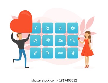 Love Compatibility with Zodiac Signs, Astrological Signs of the Zodiac Cartoon Vector Illustration