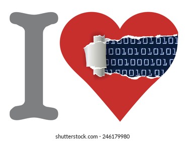 I love computers. Heart with torn paper uncovering binary code. Vector illustration. 