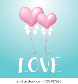 Love concept / Balloon heart shape with white ribbon on blue background