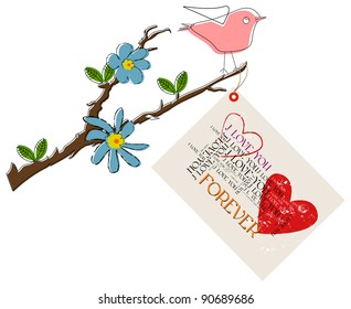 Love concept: bird on a branch with flower and love letter
