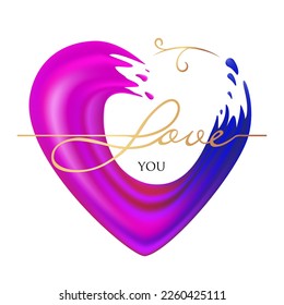 Love concept. Brush stroke pink heart silhouette isolated on a white background. Paint splashes, gold inscription love and gold decoration. Vector illustration