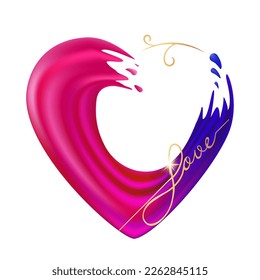 Love concept. Brush stroke pink heart silhouette isolated on a white background. Paint splashes, gold inscription love and gold decoration. Vector illustration