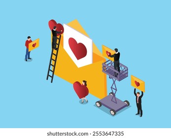 Love Concept: Building a Heartfelt Message Together 3d isometric vector illustration