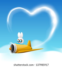 Love concept with a bunny in plane and heart form in sky.