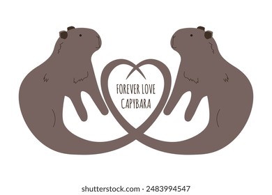 Love concept with Capybara. Simple flat animal with tail in heart form isolated white. Naive Minimalist vector illustration can used Valentine's day design, t-shirt print, postcard cover. EPS 10