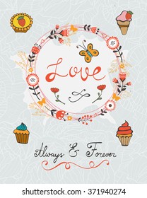 love concept card with cupcakes and floral wreath