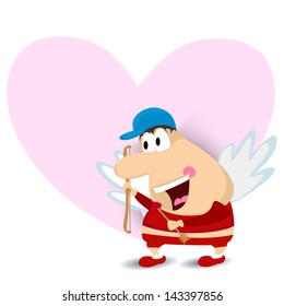 Love concept with a cartoon holding heart shape arrow and bow on pink heart shape background.