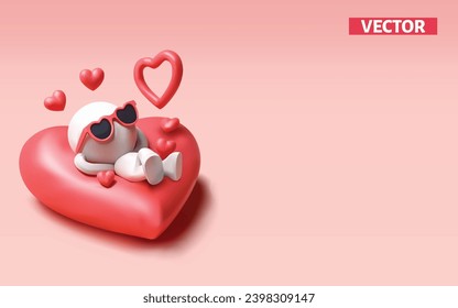 Love concept character falling in love smiling on Heart Sleeping cushion 3D vector on light pink background.