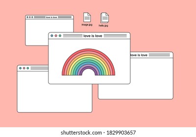 Love is love concept. Collage of user interface elements and rainbow symbol. Vaporwave aesthetics of 80's.