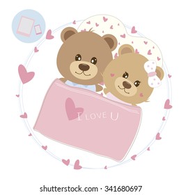 Love concept of couple teddy bear sleeping on the bed