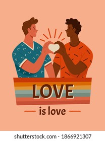 "Love is  love" concept.Gay couple. Vector illustration of two young men making heart by their hands. Isolated on light pink background