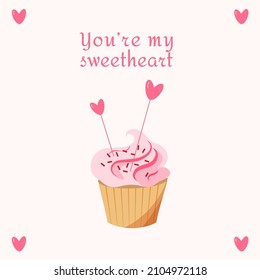 Love concept cupcake with hearts in flat style isolated on pink background. Vector illustration.
