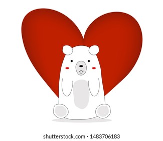 Love Concept: Cute big white bear sitting front big red heart shape on white background