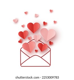 Love concept for Valentine’s Day. Envelope with hearts. Paper cut decoration. Design for Valentine’s Day. Vector illustration
