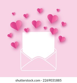 Love concept for Valentine’s Day. Envelope with hearts. Paper cut decoration. Design for Valentine’s Day. Vector illustration