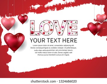 love concept design shape from gift box, heart balloons, rose, love icons on red background, circle white brush and hanging heart balloons