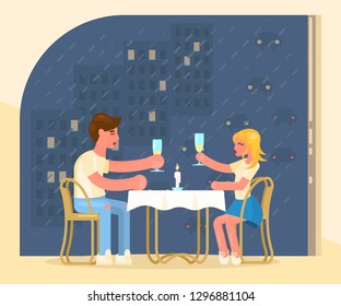 Love concept design for Valentine's Day. Boy and girl on a date in a cafe. Couple of lovers at a table in a restaurant drink champagne. Romantic day in flat design. Flat Art Vector illustration