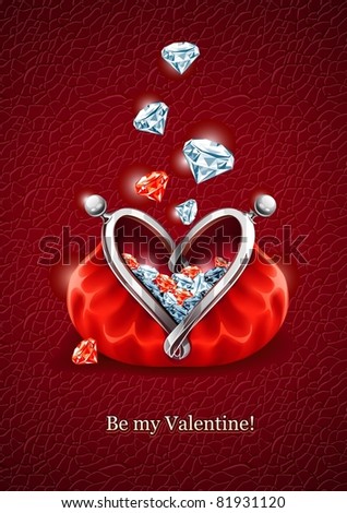 Love concept. Diamond gems falling into the red wallet with lock in form of heart. Vector illustration, EPS8