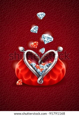 Love concept. Diamond gems falling into the red wallet with lock in form of heart. Vector illustration, EPS8