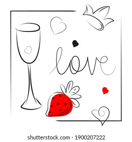 Love concept doodle set. Hand drawn ink line crown, heart, strawberry, glass, lettering. Scribbled isolated element, black outline stroke color. Cute scrapbooking web kit. Vector illustration