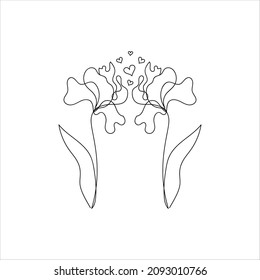 Love concept drawn by one line. Two abstract flowers, hearts. Isolated. Romantic sketch. For valentine, wedding, coloring book. Simple vector illustration.