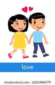Love - concept of emotion. Little children in love holding hands. Learning English language. Children psychology. Cute cartoon character
