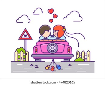 Love concept flat. Newlyweds kissing in car with cans. Vector illustration