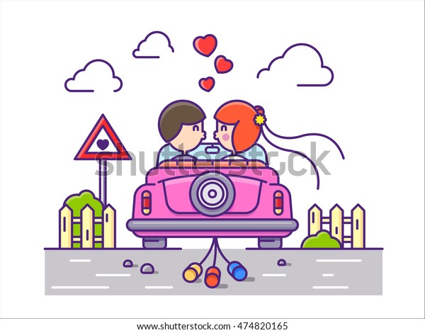 Love concept flat. Newlyweds kissing in car\
with cans. Vector\
illustration
