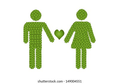 Love Concept, Fresh Green Four Leaf Clover Forming Male and Female Icon or Gender Sign Take Care The Heart of Love Together 