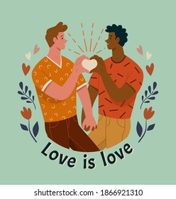 "Love is  love" concept. Gay couple. Vector illustration of two young men holding hands in trendy flat style surrounded by flowers. Isolated on light blue background