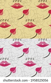 Love Konzept geometrische nahtlose Muster, handgezeichnete Linien Blumen, geometrische Lippen, Text-Schrift, rosa Farbpalette. Gelber, weißer Hintergrund ist leicht zu verändern, Vektorgrafik
