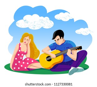 Love concept. Girl and Guy listen to love song in open air. Happy Valentine's Day, poster, card, banner. Vector illustration. Sunny blue sky with white clouds. Man is playing guitar. Couple in love