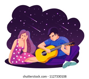 Love concept. Girl and Guy listen to love song in open air. Happy Valentines Day, poster, card, banner. Vector illustration. Cosmic night sky with falling stars. Man is playing guitar. Couple in love