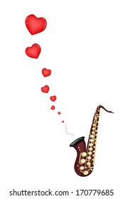 Love Concept, Golden Vintage Bass Saxophone Playing A Romantic Music on Brown Stage Background with Copy Space for Text Decorated. 