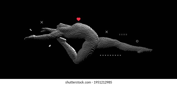 Love concept. Gymnast performing an element of rhythmic gymnastics, jumping or making a jump in the air. Voxel art. 3D vector illustration for icon health and fitness community.